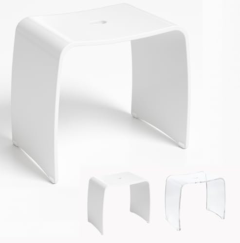 Libaro Badhocker Meran XL – weißer Acrylhocker mit extra großer Sitzfläche – moderner Duschhocker mit Griff und rutschsicheren Gummifüßen – Stabiler Sitzhocker für Bad, Flur