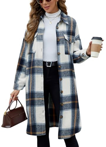Tuopuda Veste Chemise à Carreaux en Flanelle pour Femme Manches longues Veste à Carreaux Blouse avec Boutons Long Manteau Mélange de laine(Bleu,S)