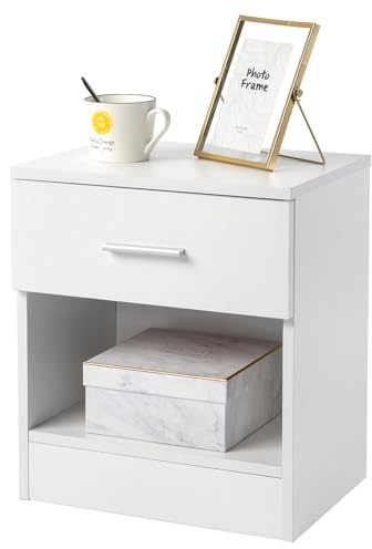 TactFire Nachttisch Nachtschrank Schlichter Beistelltisch Weiß | Kommode mit 1 offenem Fach und 1 Schublade 39 x 29 x 41 cm