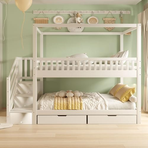 ModernLuxe Etagenbett Kinderbett 90x200 cm aus Massivholz, Hausform, Mit Sicherheitsgitter, Staufächern und Sicherheitsleiter – Weiß, Doppelbett für Jungen und Mädchen, (Matratze Nicht enthalten)