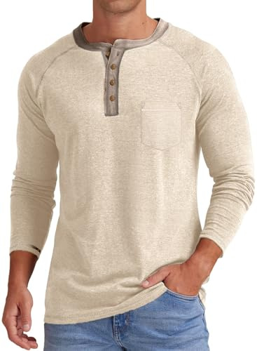 JMIERR Mens Henley T Shirt Long Sleeve Tops Casual Pullover | Cotton,V Neck Tee Shirt,Button up Tops,with Pocket,Light weight,Men's fashion,Retro,Smart,Grandad shirts