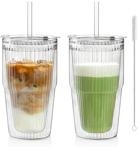 KEMORELA Lot de 2 tasses en verre à double paroi de 473 ml avec couvercles et pailles, gobelets isothermes en verre borosilicate résistants à la chaleur, motif rayé pour café glacé, thé aux bulles