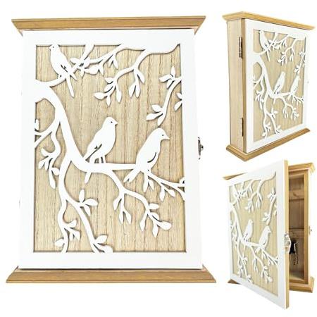 SchlüSselkasten Holz, Weißer Vogel SchlüSselschrank Vintage Holz SchlüSselbox mit 6 Haken 26 X 20 X 6cm Zur Aufbewahrung Von SchlüSseln Kleinen GegenstäNden Geeignet für Eingangsbereich Wohnzimmer