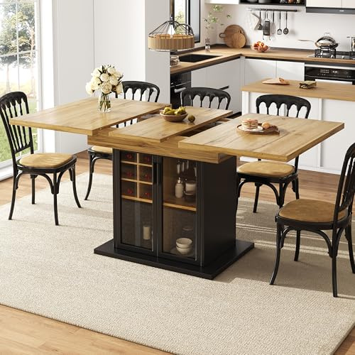 FammyLoft Esstisch Ausziehbar(110-140 * 80cm), Teleskoptisch für 4-6 Personen, Esstisch mit Stauraum, Esszimmertische mit Weinregal und Braune Glastür für Küche und Wohnzimmer, Schwarz（Keine Stühle）