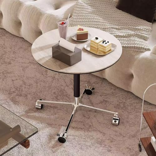 Höhenverstellbarer runder Couchtisch auf Rollen, 360° drehbar, Schieferplatte, Steinplatte, multifunktional, mobiler Beistelltisch für Wohnzimmer, Esszimmer und Büro (60 cm)