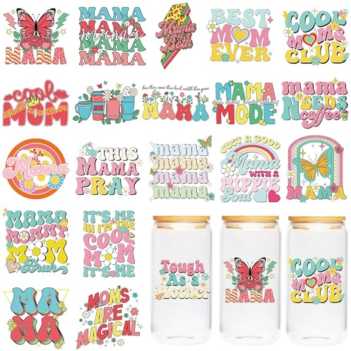 Mom UV DTF Cup Wraps, 20-Pcs DIY Rub on Transfers Decals for Mugs & Tumblers, Waterproof Coffee Cup Decorations, Ideal for Mother's Day and Daily Use