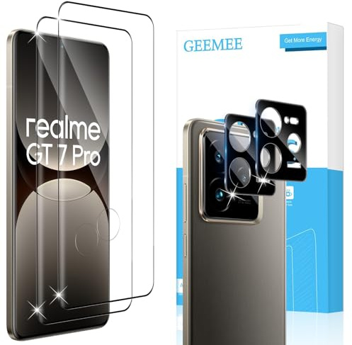 GEEMEE para Realme GT 7 Pro/Realme GT7 Pro Cristal Templado y Protector de Lente de Cámara (Negro, 9H Dureza 3D HD Protector de Pantalla Anti-Arañazos Vidrio Templado Protectora,2+2 Piezas
