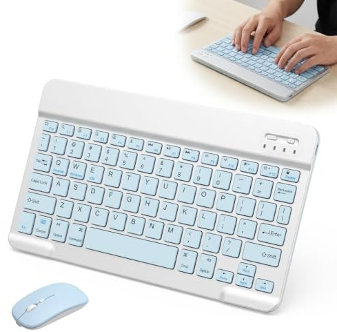 Ignara Mini Wireless Keyboard and Mouse Set for iPad/Tablet/Laptop (Blue) | Rechargeable Bluetooth Keyboard and Mouse 2.4G /BT Dual Mode , Portable Mini Keyboard UK Layout for iOS Android Windows