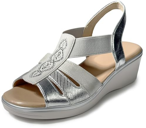 JOMIX Sandali Donna Estivi Comodi con Zeppa 5 cm Sandali Eleganti con Strass Punta Aperta Fasce Elastiche Pianta Larga Antiscivolo Scarpe Donna Signora per Estate e Uso Quotidiano