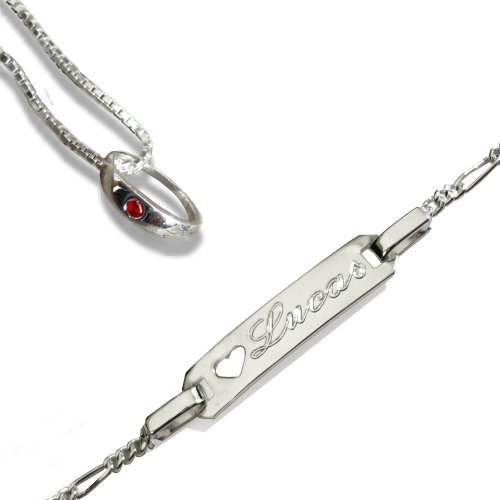 Taufset: Anhänger Taufring mit rotem Stein + Venezianer-Kette+Babyarmband. Gravur Vorname inkl. Armband 13-15cm: Figaro-Glieder-Gravurplatte mit Herz. Sterling Silber 925 gestempelt