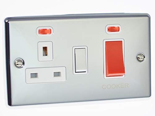 Polished Chrome 45a Double Cooker Switch with 13a Socket White Trim (Windsor) W41PCW