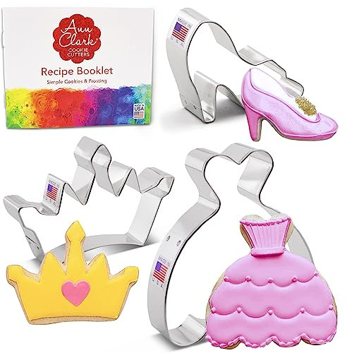 Prinzessinnen-Ausstechformen, 3-teiliges Set, hergestellt von Ann Clark USA, Krone, Glaspantoffel, Kleid