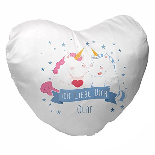 Herz-Kissen mit Namen Olaf und Einhorn-Motiv mit Sternen für Verliebte zum Valentinstag | Valentinstagsgeschenk | Kuschelkissen | Schmusekissen
