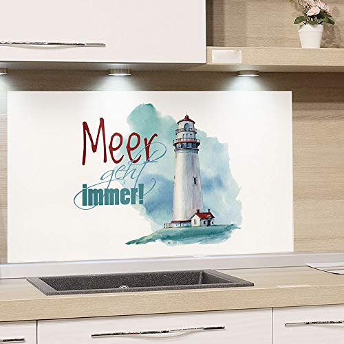 GRAZDesign Spritzschutz Küche Herd, Leuchtturm mit Spruch, Küchenrückwand aus Echtglas, Wandschutz Glasbild 4mm ESG Glas / 80x60cm
