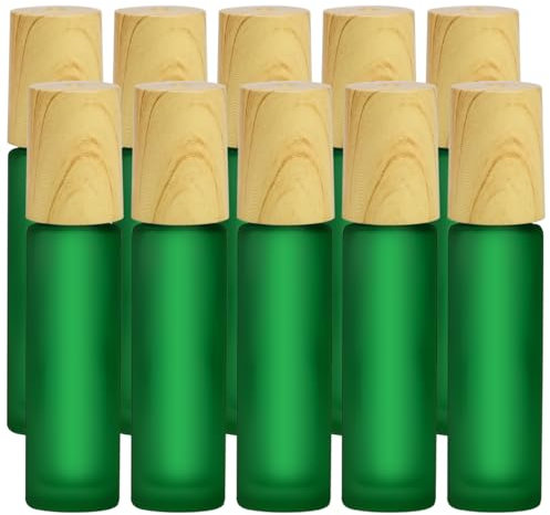 Frosted Glass Essential Oil Roller Bottles, 10pcs Green Frosted Glass Roller Bottles with wood grain cap & Stainless Steel Roller Balls Essential Oil, 10ml Empty Perfume Bottles(Green)