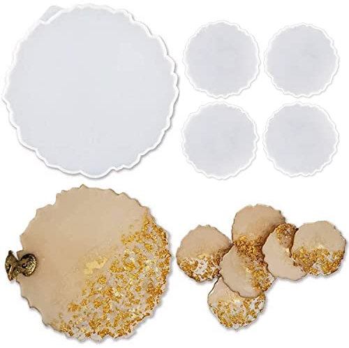 ResinWorld Silikon-Formen für Kunstharz, 1 x große Harz-Tablettform, 4 x Geoden-Achat-Untersetzer-Formen, Geoden-Tablett-Form, Tablett und Untersetzer, Geoden-Epoxid-Formen-Set, 5 Stück