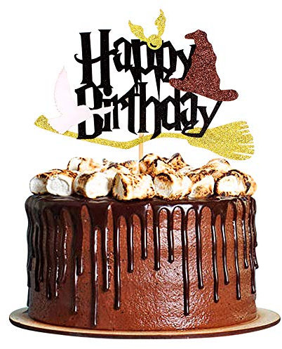 Unimall 1 Stück Glitter Black Magical Wizard Inspiriert Cake Topper Alles Gute zum Geburtstag Cake Topper Pick für Magic Theme Party Supplies
