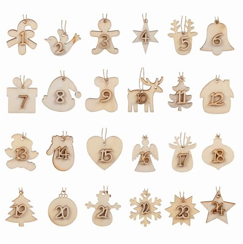 Naler 24 Days Christmas Wooden Hanging Numbers Gift Tags Xmas Tree Hanging Ornaments Countdown Advent Calendar Number DIY Gift Tags