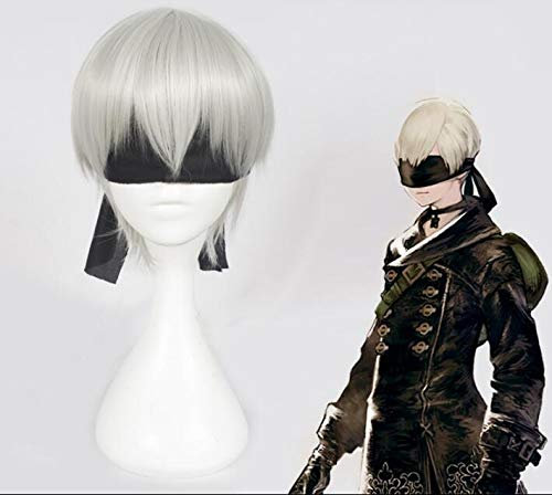 YoRHa No. 9 Model Silver Wig NieR:Automata 9S Cosplay Wig with Black Eye Patch Cosplay Halloween