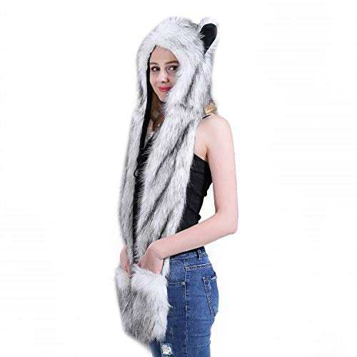Women's Faux Fur 3 in 1 Hat, Gloves, Scarf - Full Hood, Warm & Soft Fluffy Trapper Hat - Cute Animal Print with Mitten Pocket Gloves - Long Scarf