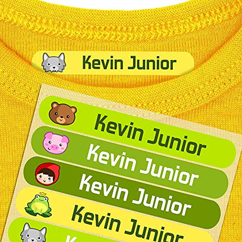 50 Etiquetas termoadhesivas personalizadas para marcar la ropa de los niños. Pegatinas para planchar, resistentes a lavadora y secadora. Tamaño 6 x 1 cm. (Cuentos)