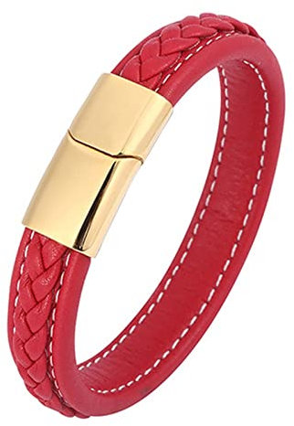 Aotiwe Schmuck Männer Armband, Schmuck Herren Armband Lederarmband im Schlichten Stil Gold Rot Edelstahl 16.5cm