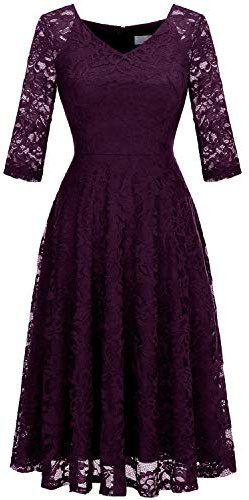 Dressystar Robe de Soirée Cocktail Femme Midi Dentelle Manche Longue sous Genou Robe de Mariage Invitée Col en V Glamour et Chic Violet L