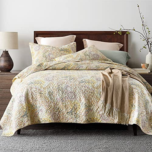 ENASAL Tagesdecke Bettdecke aus Baumwolle 220x240cm, Bettüberwurf 230x250 für Doppelbett mit Gelben Paisley Ganzjahresdecke Gesteppte Decke Steppdecke mit 2 Kissenbezug