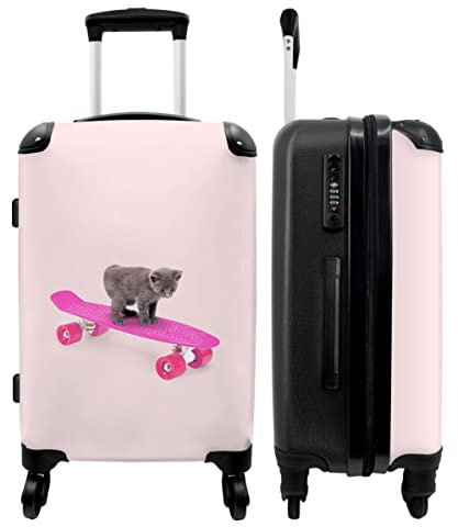 NoBoringSuitcases.com® Koffer groß Trolley Rollkoffer Reisekoffer mit 4 Rollen Fotokoffer - Katze - Kätzchen - Tiere - Skateboard - Rosa - 67x43x25cm - 90 Liter
