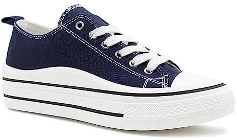 Womens Lace Up Platform Sole Canvas Baseball Sneakers Ladies Chunky Retro Flat Low Top Fashion Trainers Pumps (Navy, UK Footwear Size System, Adult, Women, Numeric, Medium, 6)