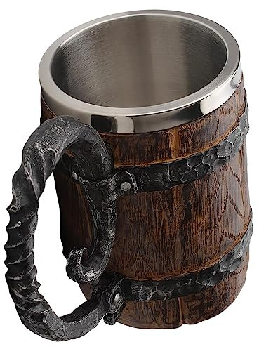 pologmase Taza para Beber vikinga | Cerveza Barril Madera imitación Vintage 550 ml | Taza cóctel Medieval Hecha a Mano, Taza Cerveza Doble Pared a Prueba Fugas con asa