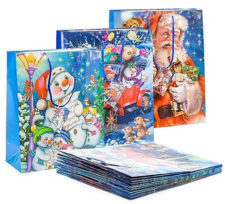 KOVA 24x Geschenktüte Gr. L für Weihnachten, Weihnachtsmotiv, Geschenktasche, Nikolaus, versch. Größen & Motive, Weihnachtsgeschenktüte, Große & kleine Weihnachtstüten mit Henkel