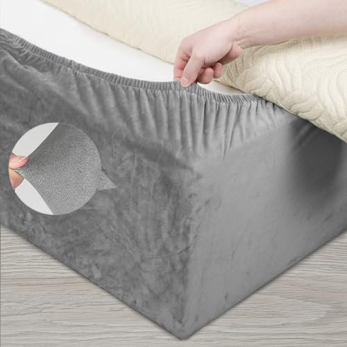 DUJUIKE Mantovana Giroletto Vestiletto Coprirette, Mantovana in velluto riccio per divano letto, Protezione Del Giroletto, Trasforma una base per letto(Grigio Chiaro, King Bed Width:200-210cm)