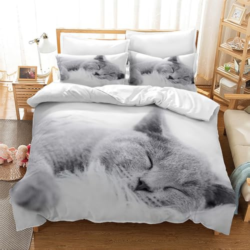 CXYXHW Katze Bettwäsche Set 135x200cm,3D Katzenmotiv Mikrofaser Bettbezug,Haustier Katze Bettwäsche-Sets 3teilig mit Reißverschluss,tierbedruckte Betten Set für Mädchen Jungen Kinder (D, 135x200cm)