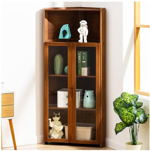 ARMERI Eckschrank, Hoher Lagerschrank mit Acryltüren, 5-stöckiges Bambus Bücherregal Display Regal für Wohnzimmer, Küche, Balkon, Kleiner Raum,A,60×126cm/23.6×50in