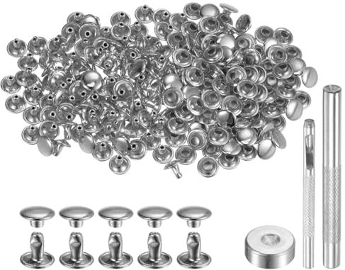 QUARKZMAN 100 Sets Ledernieten, 6 x 8 mm, Metall, Doppelkappe, Nieten, Druckknöpfe, Nieten, Verschlüsse mit 3 Setzwerkzeugen, Nieten für Lederhandwerk, DIY, Reparatur, Dekoration, Silberton