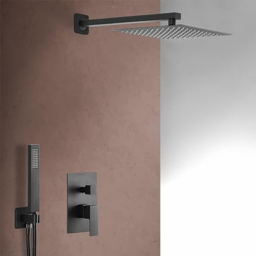 Set doccia completo nero opaco con miscelatore incasso, soffione 30 cm e kit doccia con presa acqua, flessibile e doccino