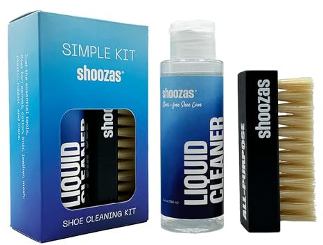 Shoozas - Kit Simple de Nettoyage pour Baskets - Nettoyant Liquide et Brosse Multi-Usages - Idéal pour Toile, Maille, Tricot, Coton, Cuir, Caoutchouc, Vinyle - Portable et Sûr - Formule Non Toxique