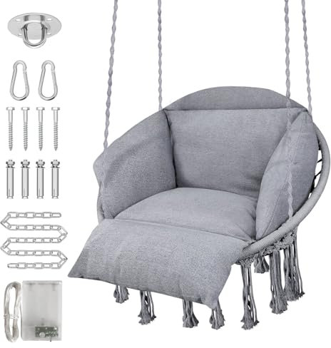 ZENPETIO Hängesessel, Makramee Hängematte Hängesessel mit übergroßem Kissen & Montagematerial, Handgewebter Schaukelstuhl für Schlafzimmer, Terrasse, Balkon, Garten, Wohnzimmer, Max 158.8 kg, Grau