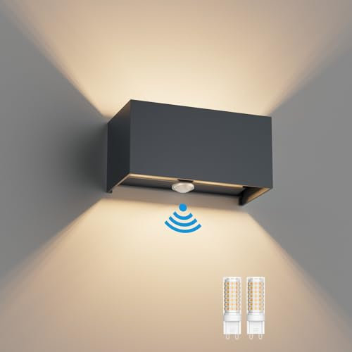Klighten 1PCS 18W Applique Murale Extérieur avec Détecteur de Mouvement IP54 Éclairage Mural Intérieur avec Angle de Faisceau Réglable, avec Ampoule LED G9 Remplaçable Lampe,3000K (Anthracite)