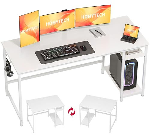 HOMYTECH Scrivania per Computer con Doppio Ripiano, Scrivania da Ufficio per Studio e Lavoro, Scrivania in Stile Moderno per Camera da Letto, Studio, Ufficio, 152 x 60 cm, Bianco