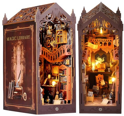 Book Nook DIY Kit, Magische Bibliothek DIY Puppenhaus Miniatur Haus Selber Baue Bausatz mit Staubschutzhülle und LED Licht