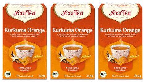Yogi Tea - Kurkuma Orange, Ayurvedischer Bio Gewürz- und Kräutertee, Mischung aus Kurkuma, Orange und Vanille, Yogi Tee 3er Pack, 3x17 Beutel (51 Teebeutel insgesamt), Ideal als Geschenk