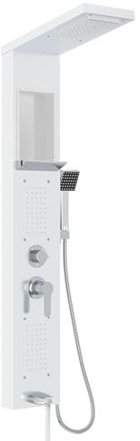 FIVMEN Duschpaneel Edelstahl Duschsystem Duschsäule 5-Funktionen Regendusche Wasserfalldusche Massagedüsen Handbrause Wanneneinlauf Duscharmatur Komplettset, Weiß