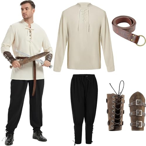 Men’s Pirate Costume, 4 Piece Medieval Viking Outfit | with Renaissance Shirt, Ankle-Banded Trousers, Belt and Wrist Guards, Adult Halloween Fancy Dress, XL