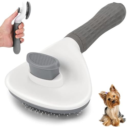Dog Brush Cat Grooming Comb, Dogs Self Cleaning Slicker Brush for Shedding Short Long Haired Pets, Pet Slicker Brushes with Smooth Handle, Massage Clean Tangled Dog Grooming Tool with Button（Grey）