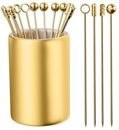 16Pcs Gold Cocktail Picks Reusable Cocktail Toothpicks Stainless Steel Cocktail Skewers Metal Cocktail Picks Stick Fruit Garnish Sticks Martini Olive Picks for Bar Barbecue Fruit Bloody Mary Drink
