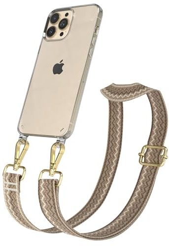 EAZY CASE Handykette - Verstellbares Taschenband kompatibel mit iPhone 13 Pro Max, Schulterriemen, Handykordel mit Silikon Hülle, Umhängetasche, Hell Braun Braun Gold