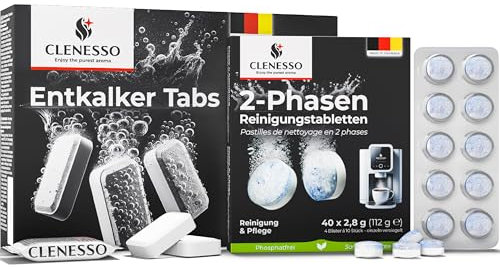 CLENESSO Power Pflegeset Entkalkungstabletten Kaffeevollautomat (50 Stück) + 2 Phasen Reinigungstabletten (40 Stück) – Kompatibel mit Jura, Siemens, Krups, uvm. – für optimale Pflege