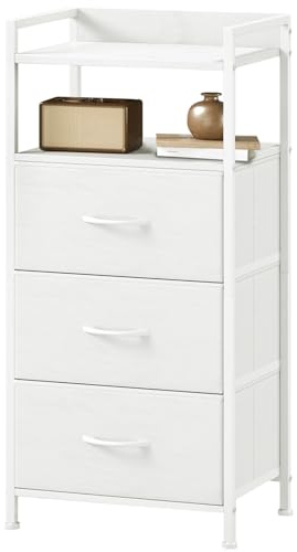 Somdot Chest of Drawers for Bedroom, Open Shelf, 3 Fabric Drawers, White | Small Bedside Table, Storage Drawers, Living Room, Metal Frame, Engineered Wooden Top, Easy-Pull Handle, 29D x 38.7W x 77.6H